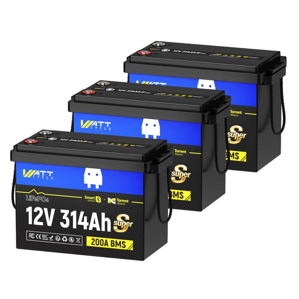 3 Stück WattCycle LiFePO4 12V 314Ah Mini Super Batterien mit Bluetooth Überwachung und Active Balancer