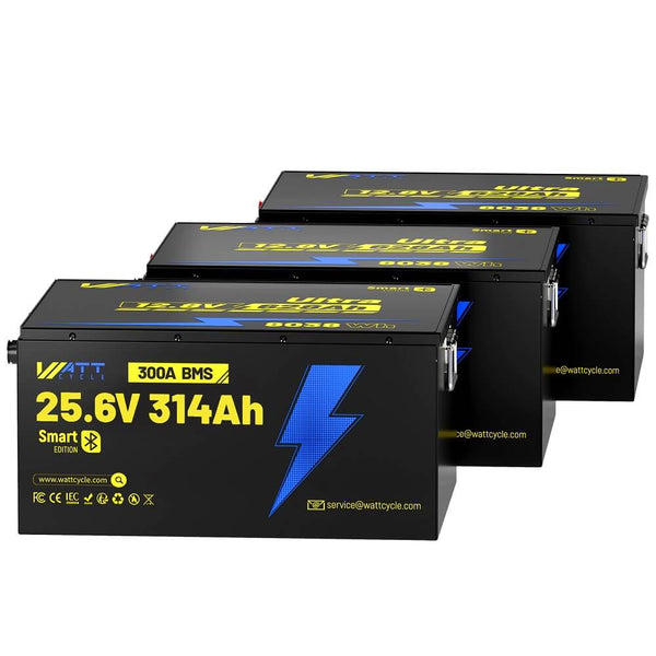 3 Stück WattCycle LiFePO4 24V 314Ah Ultra Lithium Batterien mit 300A BMS & Bluetooth Überwachung
