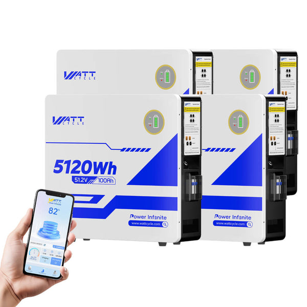 4 Stück WattCycle 51,2V 100Ah 5kWh Wandmontage LiFePO4 Solarbatterien für PV