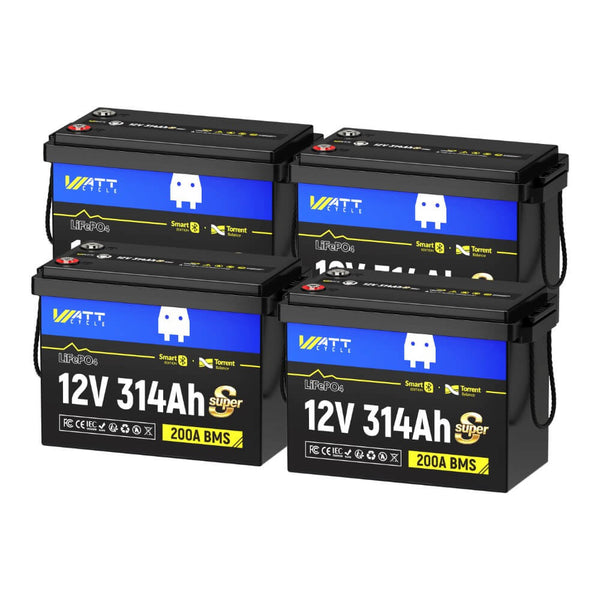 4 Stück WattCycle LiFePO4 12V 314Ah Mini Super Batterien mit Bluetooth Überwachung und Active Balancer