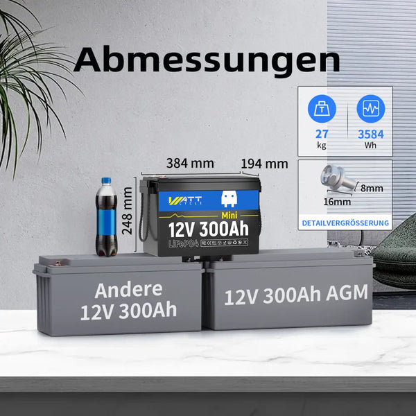 Abmessungen und Gewicht von WattCycle 12V 300Ah (280Ah) Mini Lithium Batterie