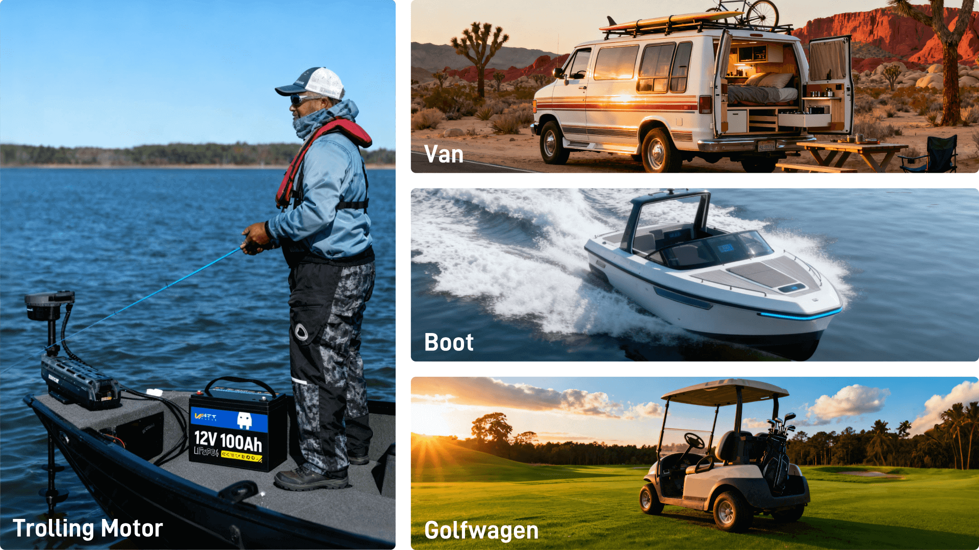 Anwendungsszenarien der WattCycle LiFePO4 12V 100Ah Batterie, z.B Trolling Motor, Van, Boot und Golfwagen