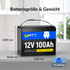 Batteriegröße und -gewicht von WattCycle 12V 100Ah LiFePO4 Batterie