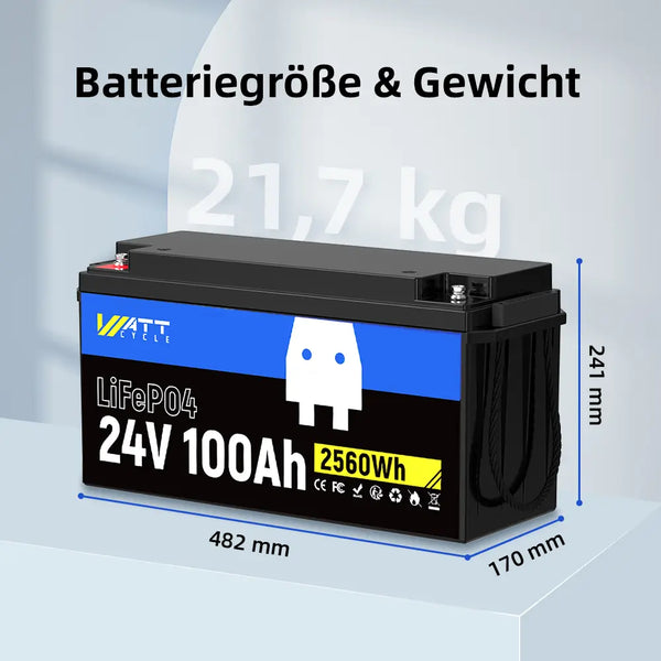 Batteriegröße und Gewicht von WattCycle 24V LiFePO4 Solarbatterie 100Ah