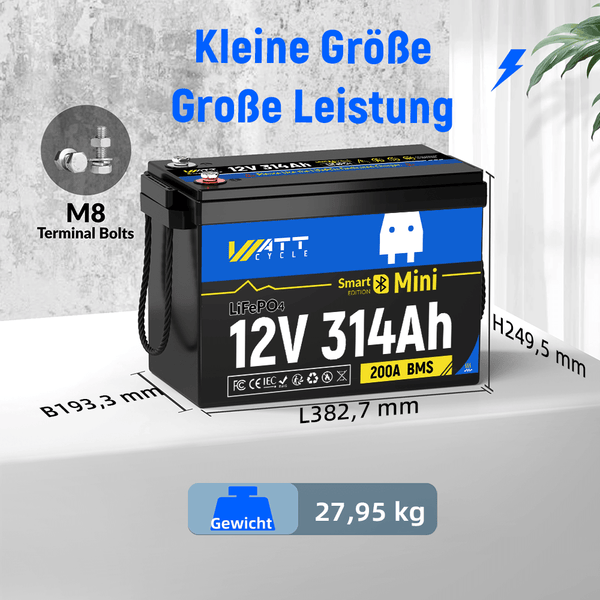 Größe und Gewicht von WattCycle LiFePO4 12V 314Ah Mini Lithium Batterie (Arctic Version) mit Bluetooth Überwachung & Heizung