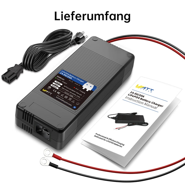 Lieferumfang von WattCycle 12V 20A Batterieladegerät mit Kunststoffgehäuse