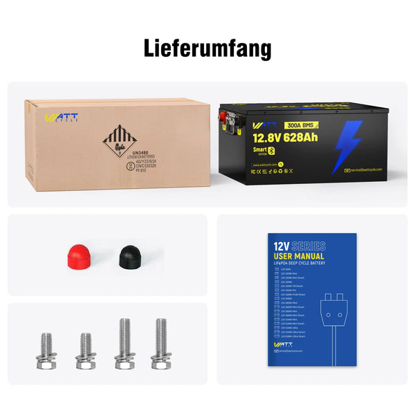 Lieferumfang von WattCycle LiFePO4 12V 628Ah Ultra Lithium Batterie