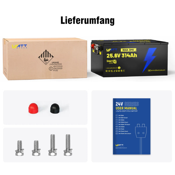 Lieferumfang von WattCycle LiFePO4 24V 314Ah Ultra Lithium Batterie