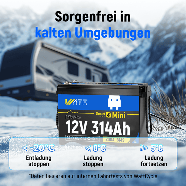 Niedrigtemperaturschutz von WattCycle LiFePO4 12V 314Ah Mini Lithium Batterie (Arctic Version) mit Bluetooth Überwachung & Heizung