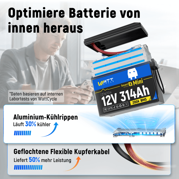 Optimierte interne Batteriestruktur von WattCycle LiFePO4 12V 314Ah Mini Lithium Batterie (Arctic Version) mit Bluetooth Überwachung & Heizung