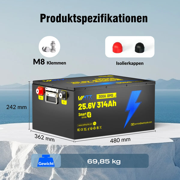 Produktspezifikationen von WattCycle LiFePO4 24V 314Ah Ultra Lithium Batterie