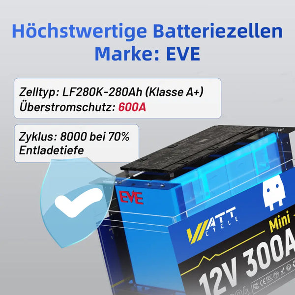 WattCycle 12V 300Ah (280Ah) Mini Lithium Batterie mit EVE Klasse A+ Zellen