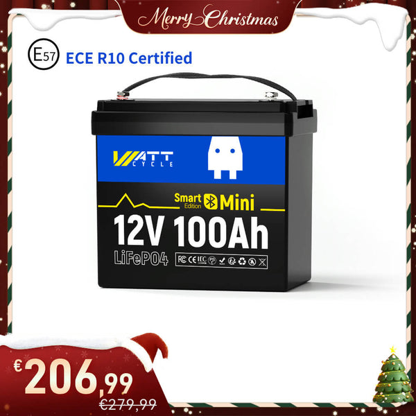 12V 100Ah Mini LiFePO4 Batterie mit Bluetooth, ECE R10 zertifiziert!