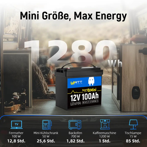 WattCycle 100Ah LiFePO4 12V Mini Smart Batterie mit 1280W Ausgangsleistung