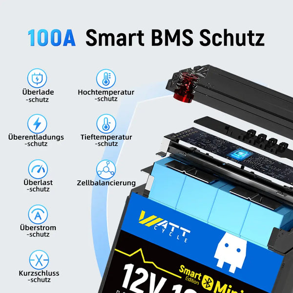 WattCycle 100Ah LiFePO4 12V Mini Smart Batterie mit Bluetooth Überwachung & 100A BMS Schutz