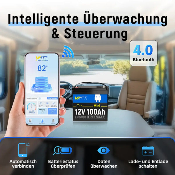 WattCycle 100Ah LiFePO4 12V Mini Smart Batterie mit Bluetooth Überwachung