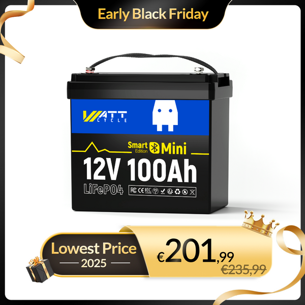 WattCycle 100Ah LiFePO4 12V Mini Smart Batterie mit Bluetooth Überwachung im Black Friday Vorverkaufsangebot