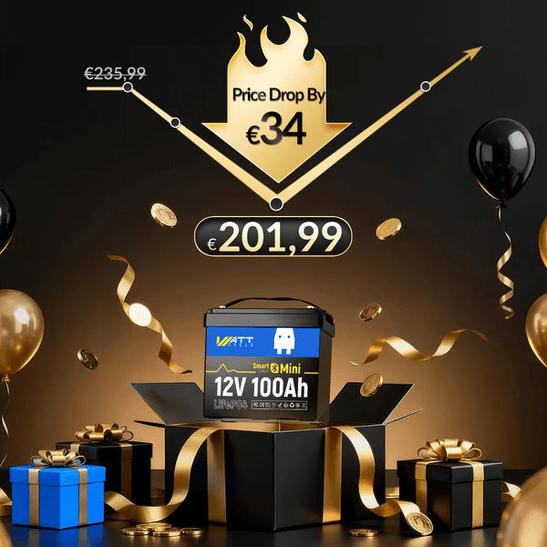 WattCycle 100Ah LiFePO4 12V Mini Smart Batterie mit Bluetooth Überwachung mit €34 Preissenkung, €201,99 Ohne MwSt.