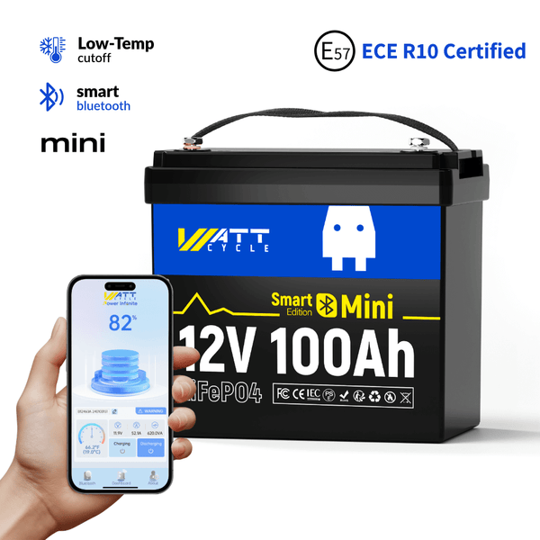 WattCycle 100Ah LiFePO4 12V Mini Smart Batterie mit Bluetooth Überwachung mit ECE R10 Zertifizierung