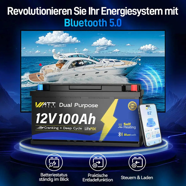 WattCycle 12V 100Ah Dual Purpose LiFePO4 Batterie, Starter- & Versorgungsbatterie mit Bluetooth