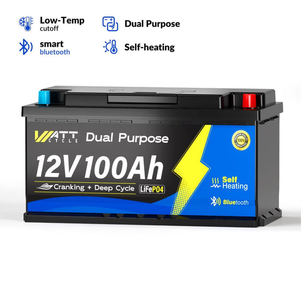 WattCycle 12V 100Ah Dual Purpose LiFePO4 Batterie, Starter- & Versorgungsbatterie mit Bluetooth und Heizung (1200 CCA)