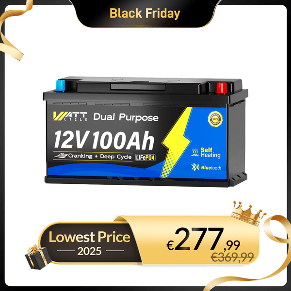 WattCycle 12V 100Ah Dual Purpose LiFePO4 Batterie, Starter- & Versorgungsbatterie mit Bluetooth und Heizung (1200 CCA) im Black Friday Angebot