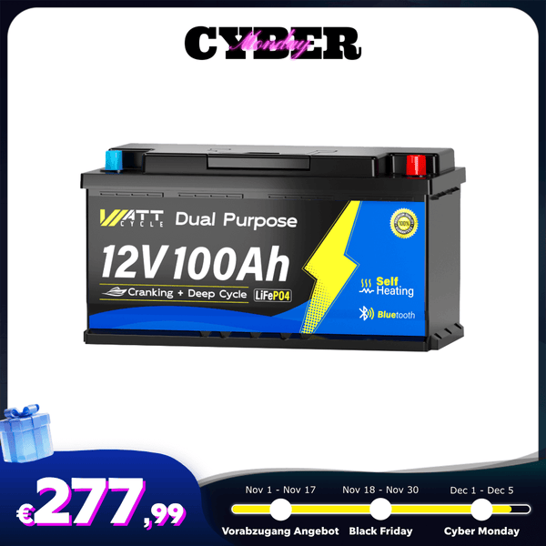 WattCycle 12V 100Ah Dual Purpose LiFePO4 Batterie, Starter- & Versorgungsbatterie mit Bluetooth und Heizung (1200 CCA) im Cyber Monday Angebot