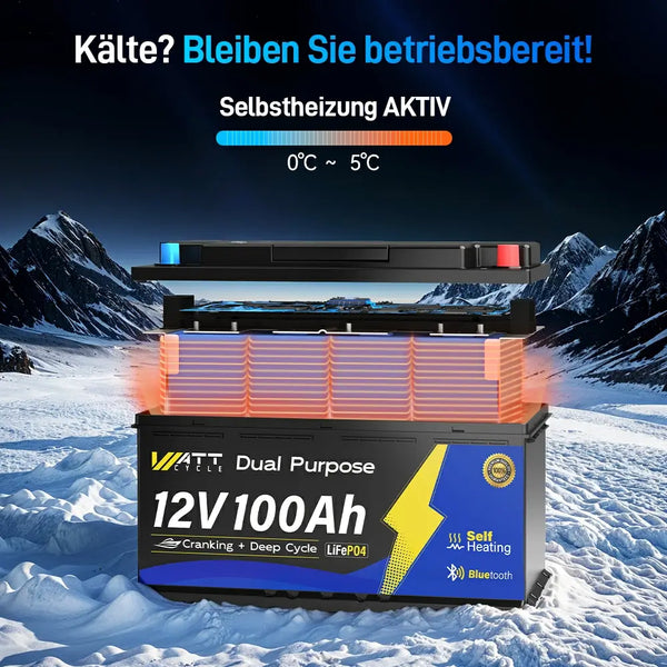 WattCycle 12V 100Ah Dual Purpose LiFePO4 Batterie, Starter- & Versorgungsbatterie mit Heizung