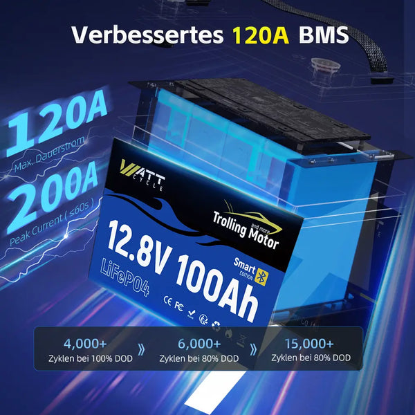 WattCycle 12V 100Ah Lithium Smart Batterie mit 120A BMS, 120A Max. kontinuierliches Laden und Entladen unterstürtzen