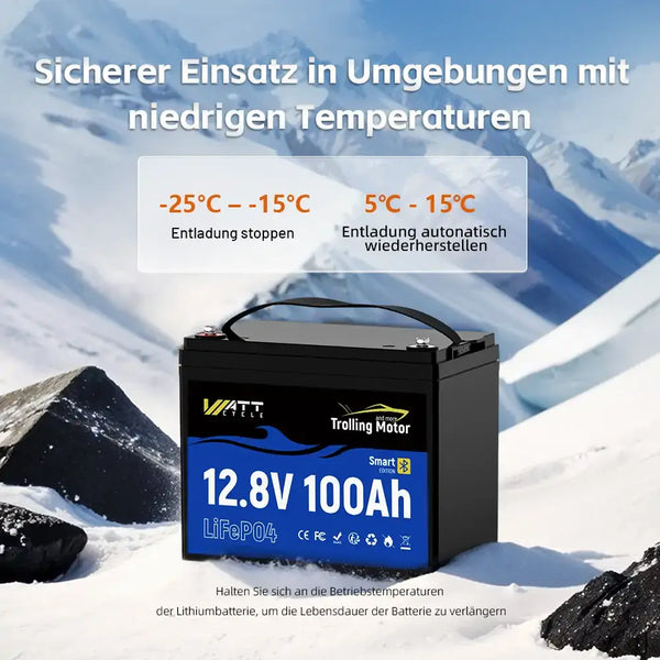 WattCycle 12V 100Ah Lithium Smart Batterie mit Tieftemperaturschutz