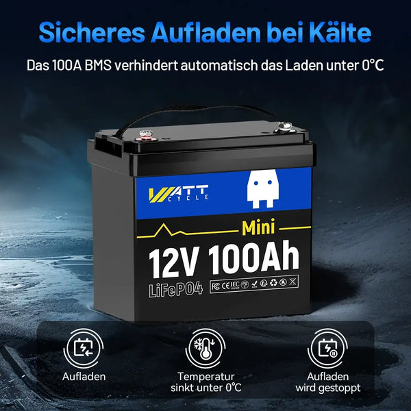 WattCycle 12V 100Ah Mini LiFePO4 Batterie mit Niedertemperaturschutz