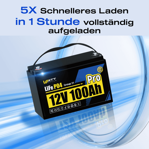 WattCycle 12V 100Ah Pro Lithium Batterie mit 5-mal schnellerem Laden