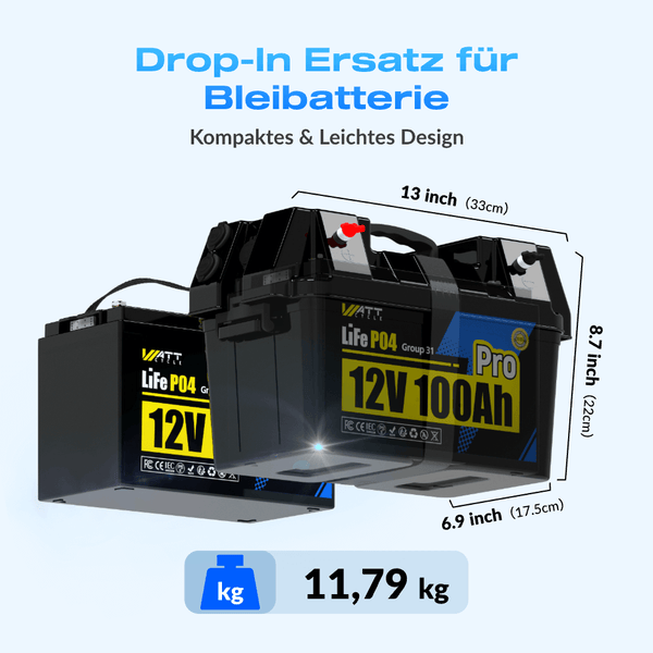 WattCycle 12V 100Ah Pro Lithium Batteriegröße und Gewicht