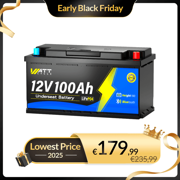 WattCycle 12V 100Ah Untersitz Lithium Batterie Wohnmobil mit Bluetooth, Perfekt für Fiat Ducato, Citroen Jumper und Peugeot Boxer im Black Friday Vorverkaufsangebot