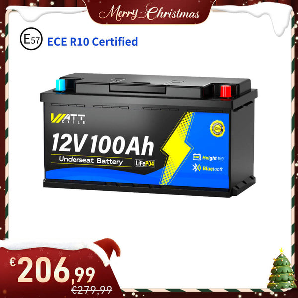 12V 100Ah Untersitz LiFePO4 Batterie mit Bluetooth (DIN H8, L5), ECE R10 zertifiziert!