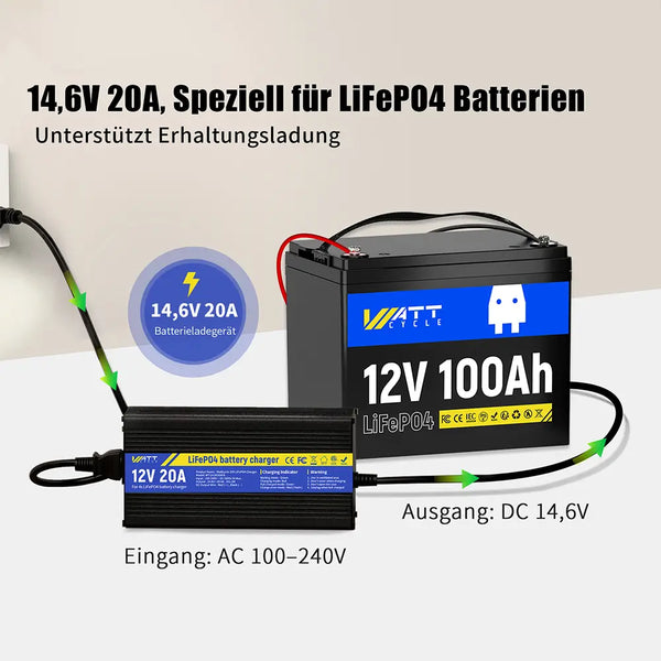 WattCycle 12V 20A Akku Ladegerät mit Aluminiumgehäuse für LiFePO4 12V