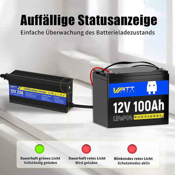 WattCycle 12V 20A Akku Ladegerät mit LED Statusanzeige