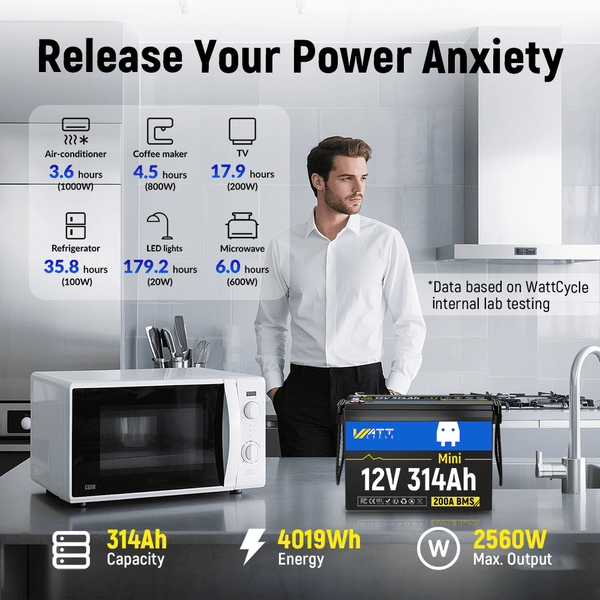 WattCycle 12V 314Ah Mini Lithium Batterie mit 314Ah Kapazität, 4,01kWh Energie und 2560W Ausgangsleistung