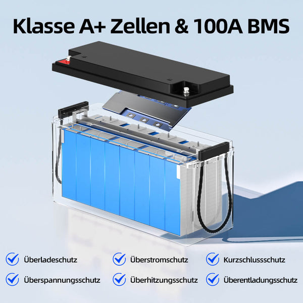 WattCycle 24V LiFePO4 Solarbatterie 100Ah mit Klasse A+ Zellen und 100A BMS