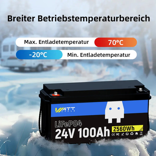 WattCycle 24V LiFePO4 Solarbatterie 100Ah mit breitem Betriebtemperaturbereich