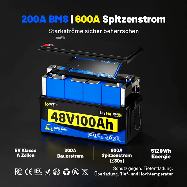 WattCycle 48V 100Ah LiFePO4 Antriebsbatterie für Golf-Cart mit 200A BMS