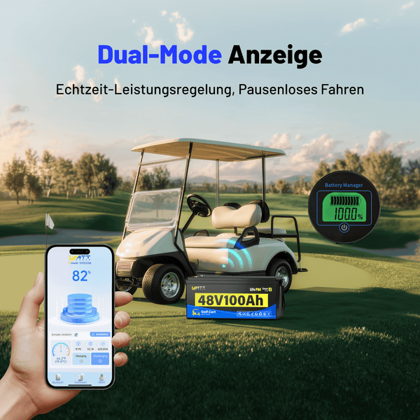 WattCycle 48V 100Ah LiFePO4 Antriebsbatterie für Golf-Cart mit Dual-Mode Anzeige
