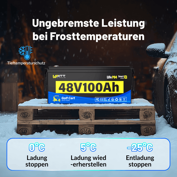 WattCycle 48V 100Ah LiFePO4 Antriebsbatterie für Golf-Cart mit Tieftemperaturschutz
