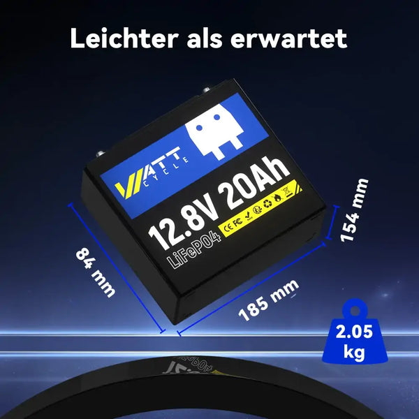 WattCycle Kleine Batterie 12V 20Ah Lithium-Ion Akkugröße und Gewicht