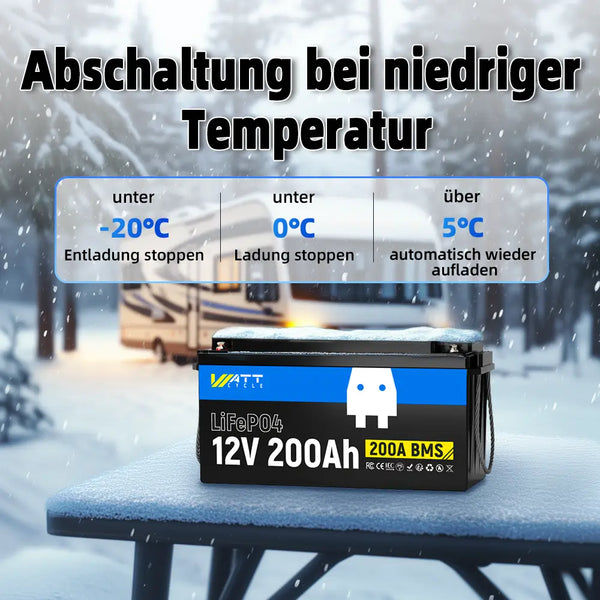 WattCycle LiFePO4 12V 200Ah Deep Cycle Batterie mit Tieftemperaturschutz