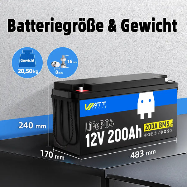 WattCycle LiFePO4 12V 200Ah Deep Cycle Batteriegröße und Gewicht