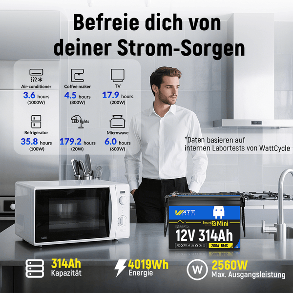 WattCycle LiFePO4 12V 314Ah Mini Lithium Batterie (Arctic Version) mit 2560W Ausgangsleistung und 4019Wh Energie