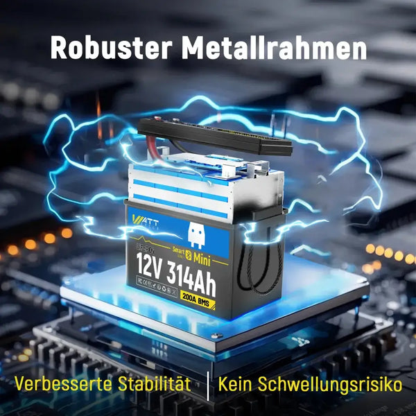 WattCycle LiFePO4 12V 314Ah Mini Lithium Batterie mit robustem Metallrahmen