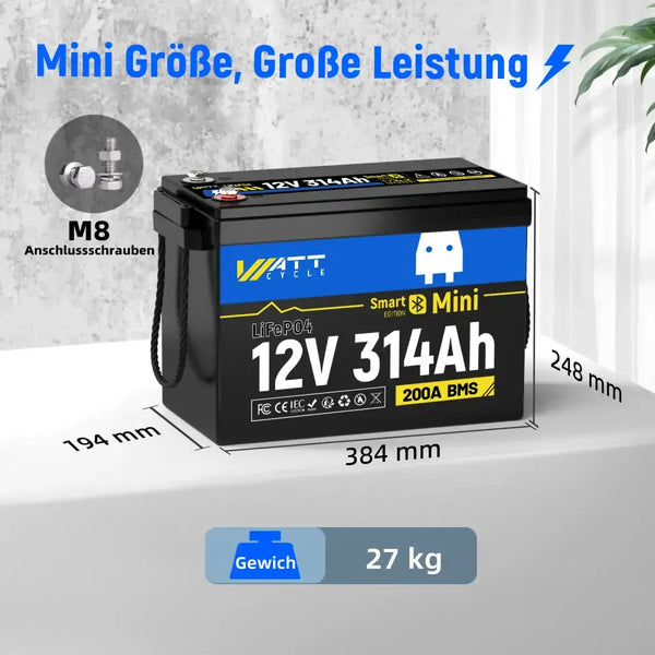 WattCycle LiFePO4 12V 314Ah Mini Lithium BatteriegröĂe und Gewicht