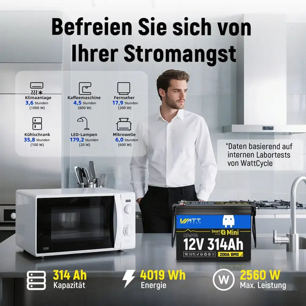 WattCycle LiFePO4 12V 314Ah Mini Lithium Smart Batterie mit Ultra-hohe 314Ah Kapazität und 4019Wh Energie für die Ultralange Standby-Zeit